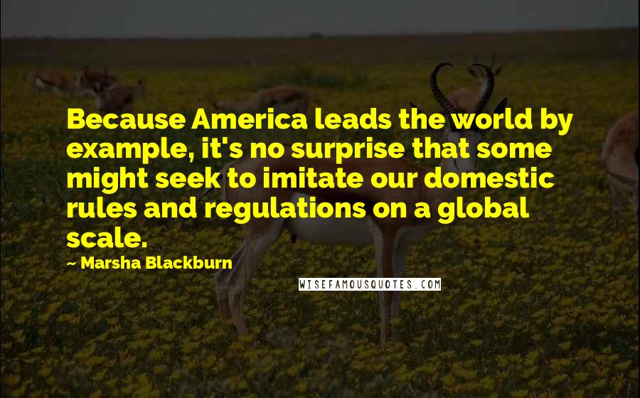 Marsha Blackburn Quotes: Because America leads the world by example, it's no surprise that some might seek to imitate our domestic rules and regulations on a global scale.