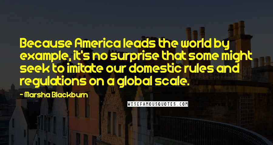 Marsha Blackburn Quotes: Because America leads the world by example, it's no surprise that some might seek to imitate our domestic rules and regulations on a global scale.