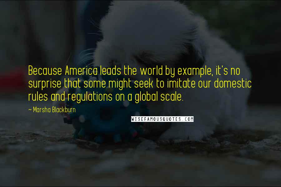 Marsha Blackburn Quotes: Because America leads the world by example, it's no surprise that some might seek to imitate our domestic rules and regulations on a global scale.