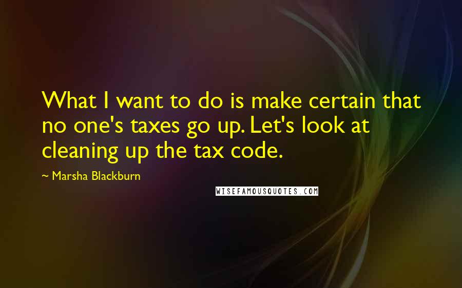 Marsha Blackburn Quotes: What I want to do is make certain that no one's taxes go up. Let's look at cleaning up the tax code.