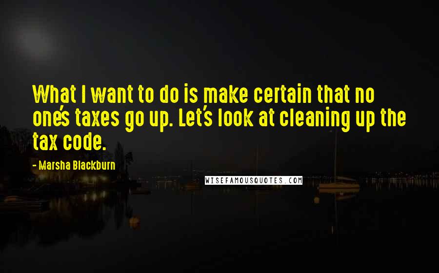 Marsha Blackburn Quotes: What I want to do is make certain that no one's taxes go up. Let's look at cleaning up the tax code.