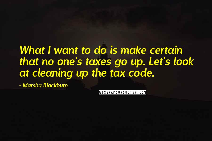 Marsha Blackburn Quotes: What I want to do is make certain that no one's taxes go up. Let's look at cleaning up the tax code.