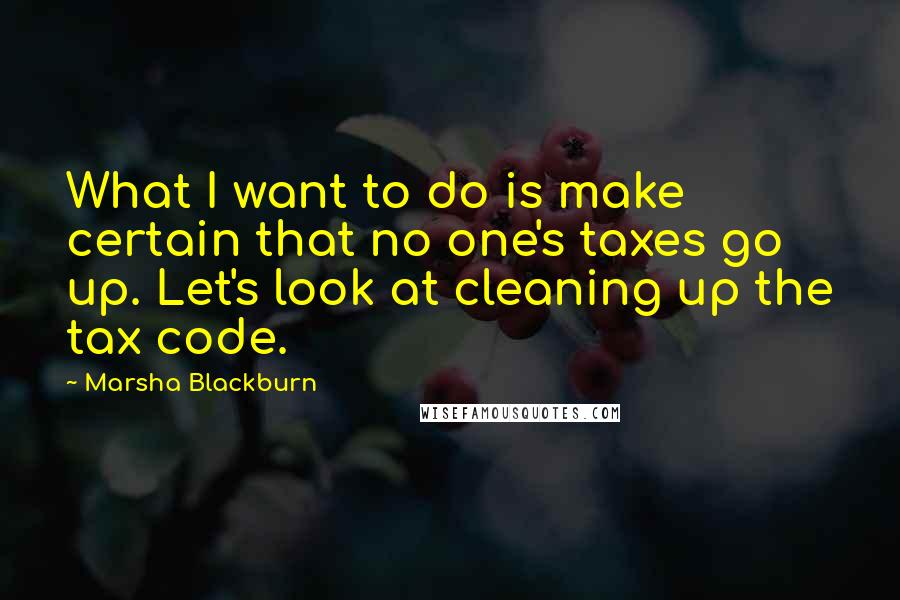 Marsha Blackburn Quotes: What I want to do is make certain that no one's taxes go up. Let's look at cleaning up the tax code.