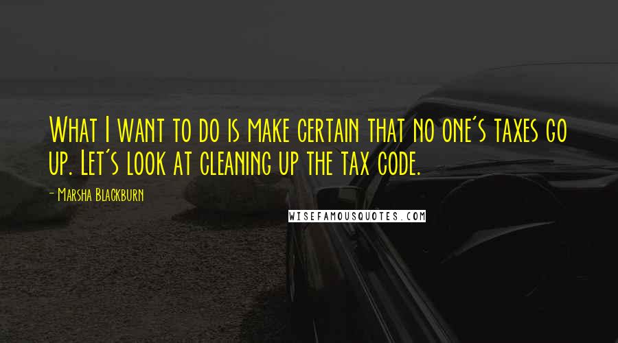 Marsha Blackburn Quotes: What I want to do is make certain that no one's taxes go up. Let's look at cleaning up the tax code.