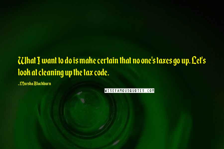 Marsha Blackburn Quotes: What I want to do is make certain that no one's taxes go up. Let's look at cleaning up the tax code.