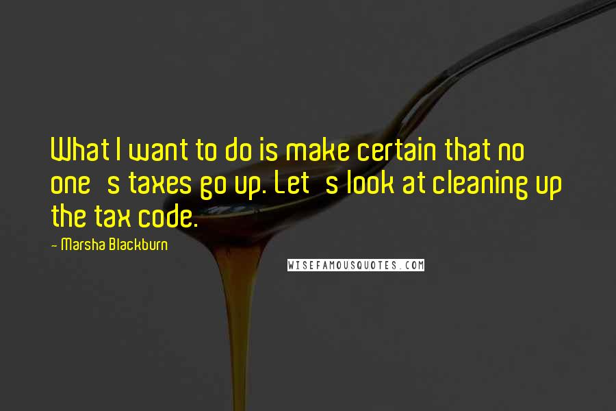 Marsha Blackburn Quotes: What I want to do is make certain that no one's taxes go up. Let's look at cleaning up the tax code.
