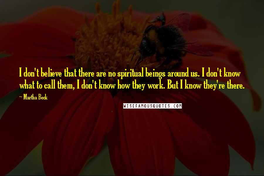 Martha Beck Quotes: I don't believe that there are no spiritual beings around us. I don't know what to call them, I don't know how they work. But I know they're there.