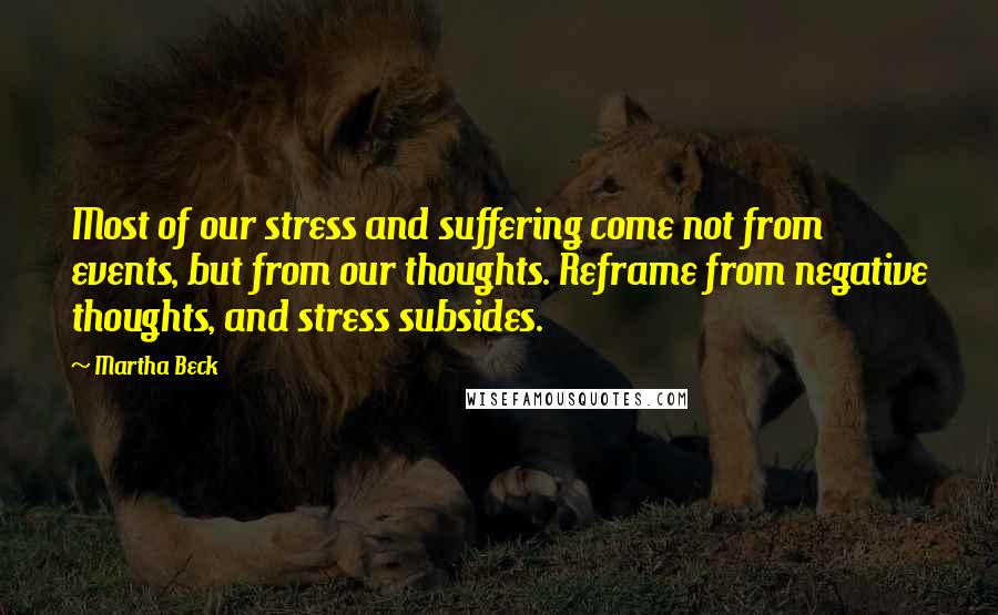 Martha Beck Quotes: Most of our stress and suffering come not from events, but from our thoughts. Reframe from negative thoughts, and stress subsides.