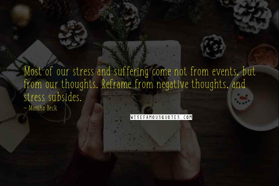 Martha Beck Quotes: Most of our stress and suffering come not from events, but from our thoughts. Reframe from negative thoughts, and stress subsides.
