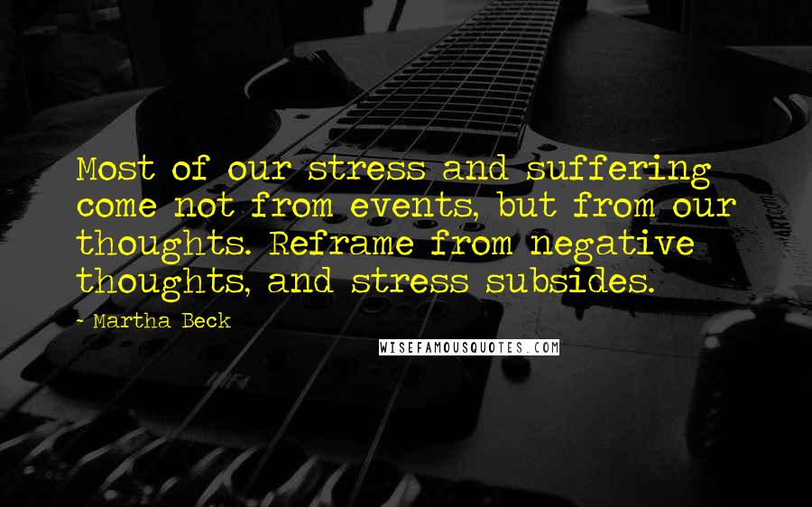 Martha Beck Quotes: Most of our stress and suffering come not from events, but from our thoughts. Reframe from negative thoughts, and stress subsides.