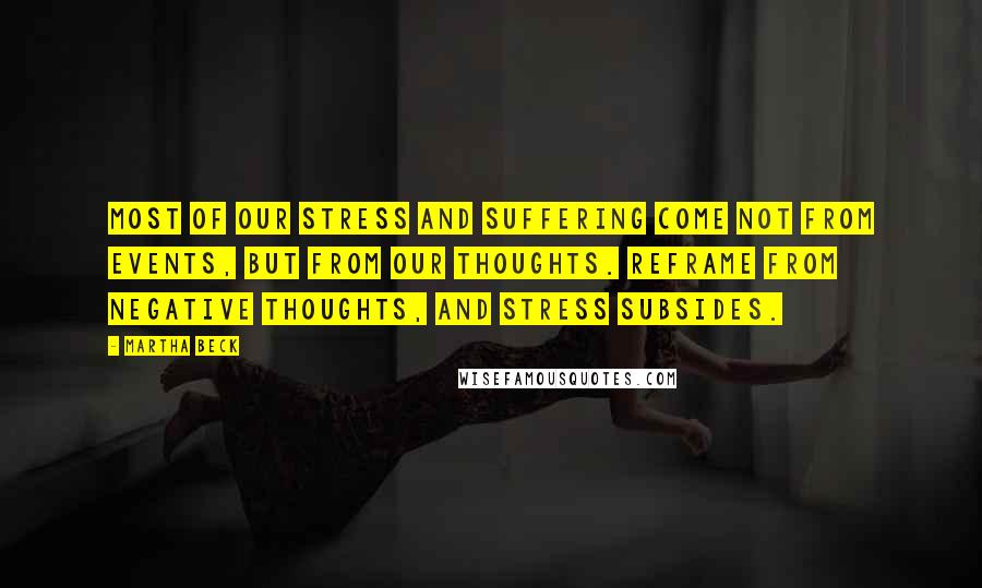 Martha Beck Quotes: Most of our stress and suffering come not from events, but from our thoughts. Reframe from negative thoughts, and stress subsides.