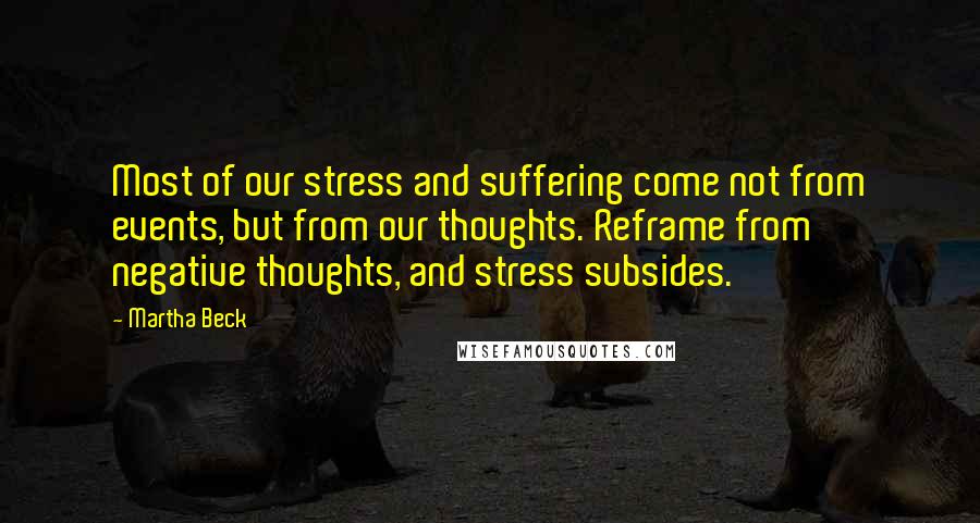 Martha Beck Quotes: Most of our stress and suffering come not from events, but from our thoughts. Reframe from negative thoughts, and stress subsides.