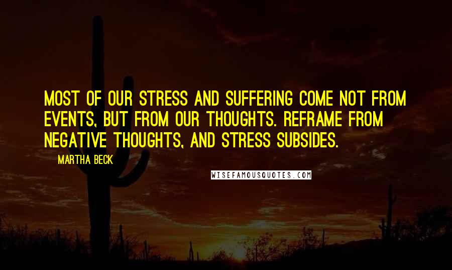 Martha Beck Quotes: Most of our stress and suffering come not from events, but from our thoughts. Reframe from negative thoughts, and stress subsides.