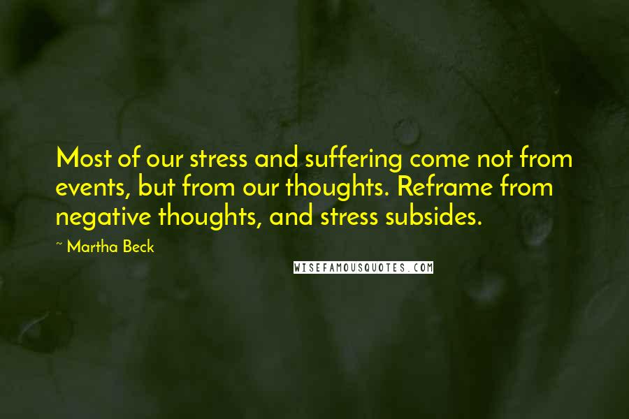 Martha Beck Quotes: Most of our stress and suffering come not from events, but from our thoughts. Reframe from negative thoughts, and stress subsides.
