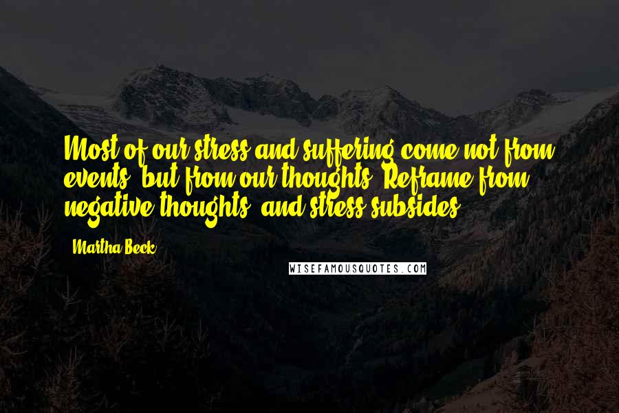 Martha Beck Quotes: Most of our stress and suffering come not from events, but from our thoughts. Reframe from negative thoughts, and stress subsides.