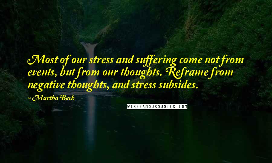 Martha Beck Quotes: Most of our stress and suffering come not from events, but from our thoughts. Reframe from negative thoughts, and stress subsides.