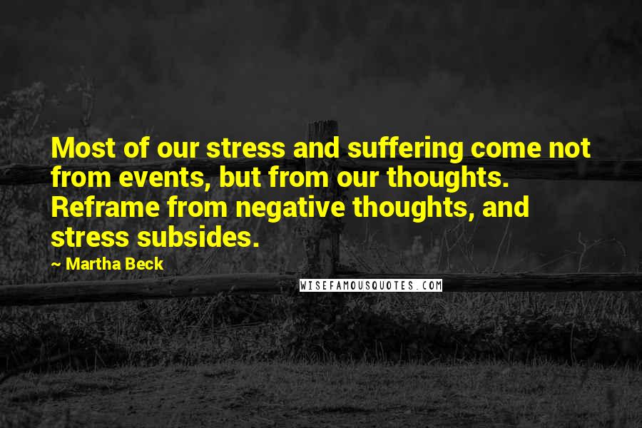 Martha Beck Quotes: Most of our stress and suffering come not from events, but from our thoughts. Reframe from negative thoughts, and stress subsides.