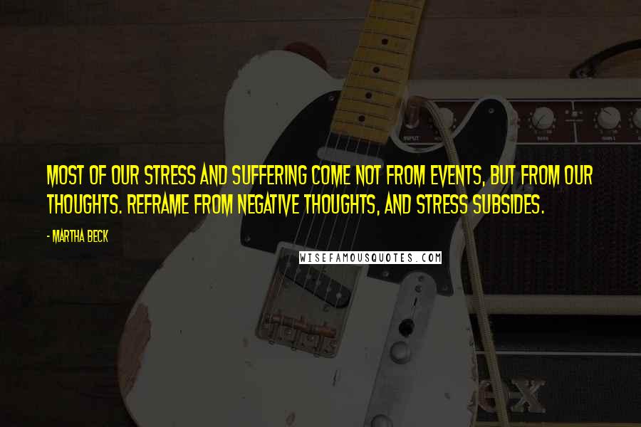 Martha Beck Quotes: Most of our stress and suffering come not from events, but from our thoughts. Reframe from negative thoughts, and stress subsides.
