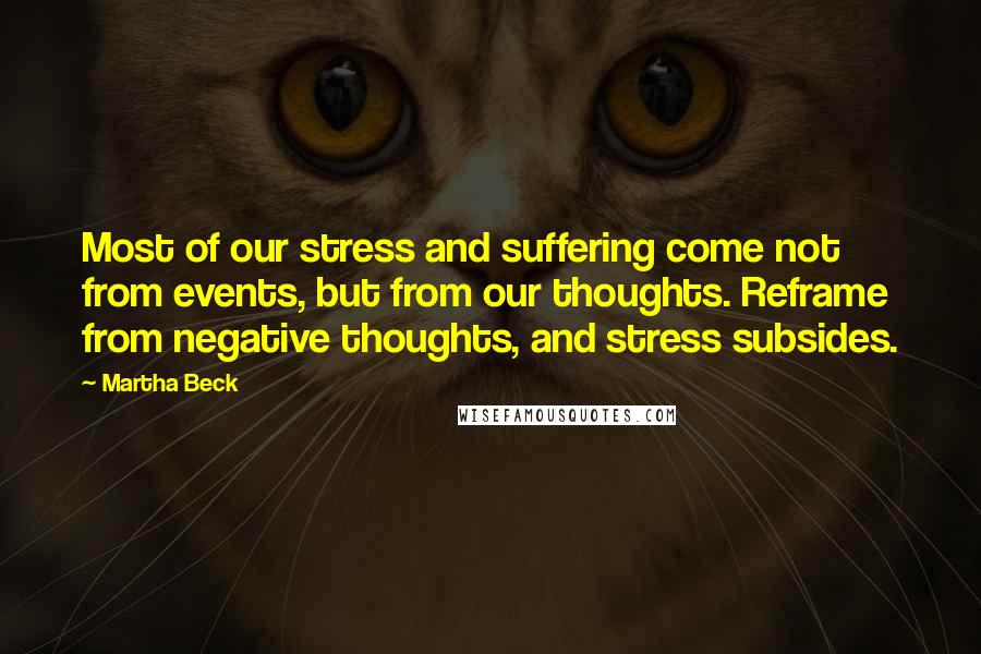Martha Beck Quotes: Most of our stress and suffering come not from events, but from our thoughts. Reframe from negative thoughts, and stress subsides.