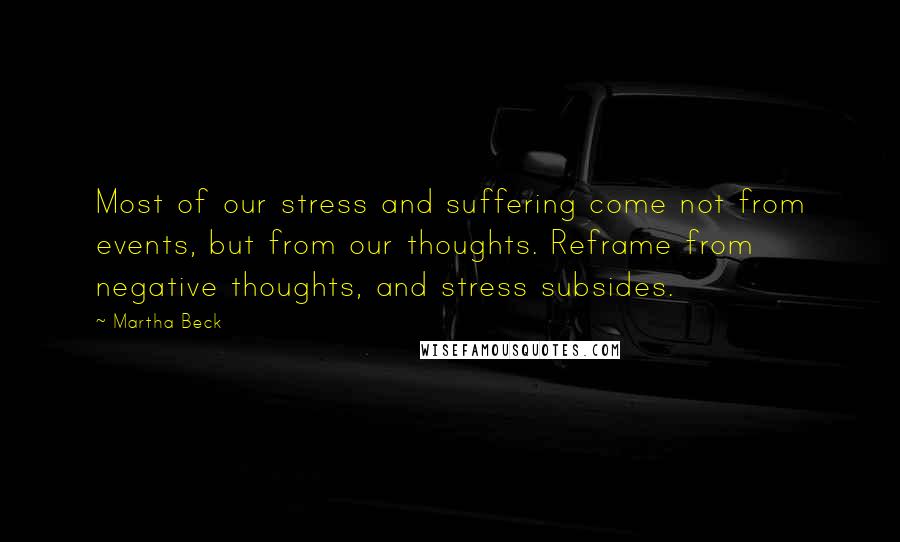 Martha Beck Quotes: Most of our stress and suffering come not from events, but from our thoughts. Reframe from negative thoughts, and stress subsides.