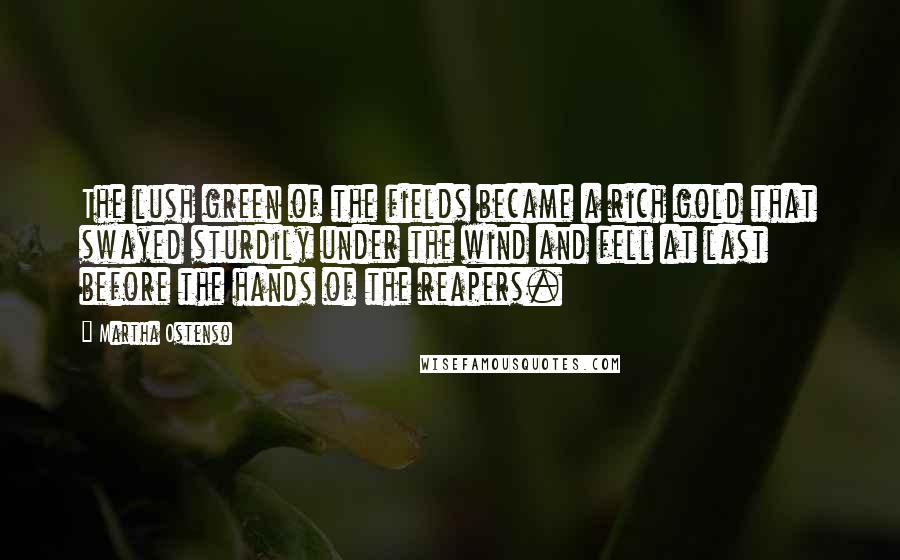 Martha Ostenso Quotes: The lush green of the fields became a rich gold that swayed sturdily under the wind and fell at last before the hands of the reapers.