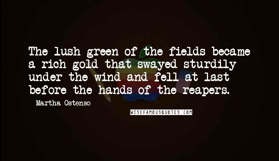 Martha Ostenso Quotes: The lush green of the fields became a rich gold that swayed sturdily under the wind and fell at last before the hands of the reapers.