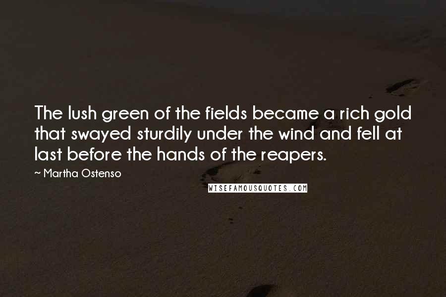 Martha Ostenso Quotes: The lush green of the fields became a rich gold that swayed sturdily under the wind and fell at last before the hands of the reapers.