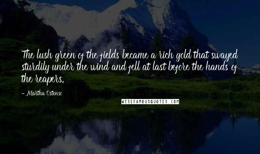 Martha Ostenso Quotes: The lush green of the fields became a rich gold that swayed sturdily under the wind and fell at last before the hands of the reapers.