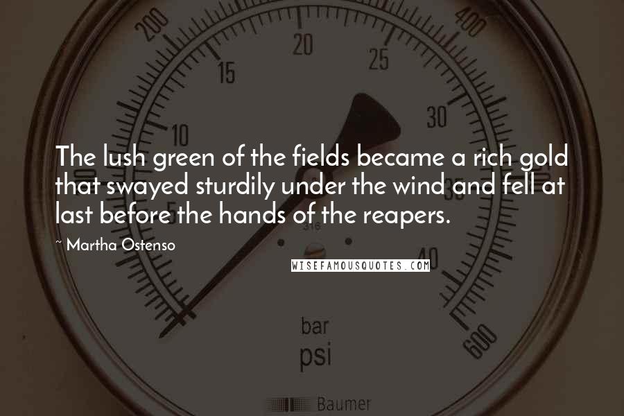 Martha Ostenso Quotes: The lush green of the fields became a rich gold that swayed sturdily under the wind and fell at last before the hands of the reapers.