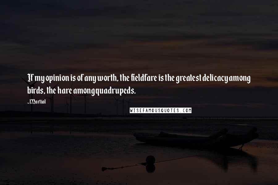 Martial Quotes: If my opinion is of any worth, the fieldfare is the greatest delicacy among birds, the hare among quadrupeds.