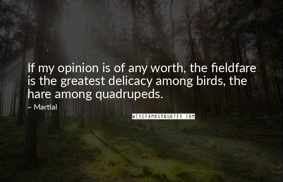 Martial Quotes: If my opinion is of any worth, the fieldfare is the greatest delicacy among birds, the hare among quadrupeds.