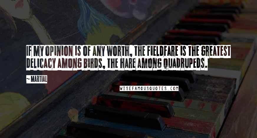 Martial Quotes: If my opinion is of any worth, the fieldfare is the greatest delicacy among birds, the hare among quadrupeds.