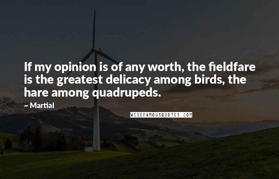 Martial Quotes: If my opinion is of any worth, the fieldfare is the greatest delicacy among birds, the hare among quadrupeds.