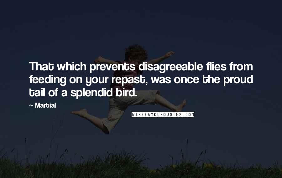 Martial Quotes: That which prevents disagreeable flies from feeding on your repast, was once the proud tail of a splendid bird.