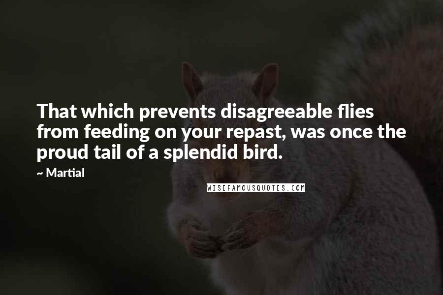 Martial Quotes: That which prevents disagreeable flies from feeding on your repast, was once the proud tail of a splendid bird.
