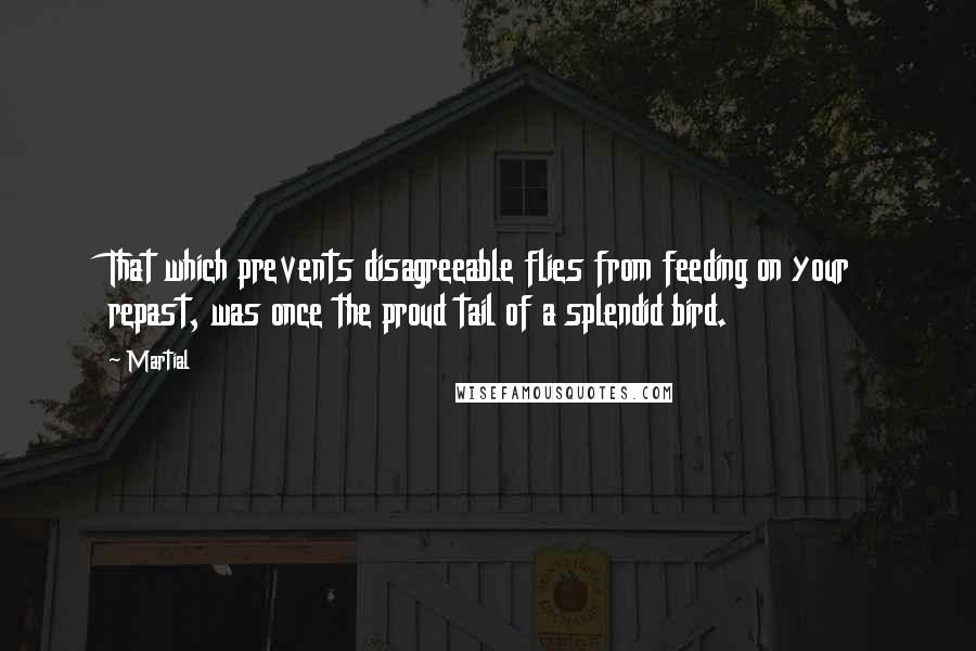 Martial Quotes: That which prevents disagreeable flies from feeding on your repast, was once the proud tail of a splendid bird.