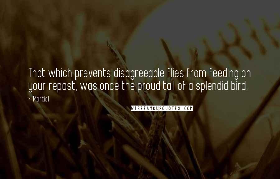 Martial Quotes: That which prevents disagreeable flies from feeding on your repast, was once the proud tail of a splendid bird.