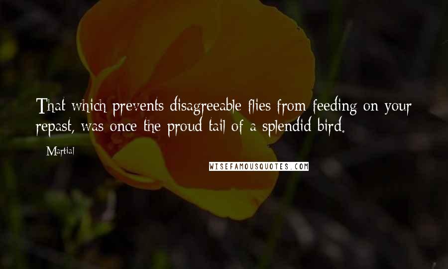 Martial Quotes: That which prevents disagreeable flies from feeding on your repast, was once the proud tail of a splendid bird.