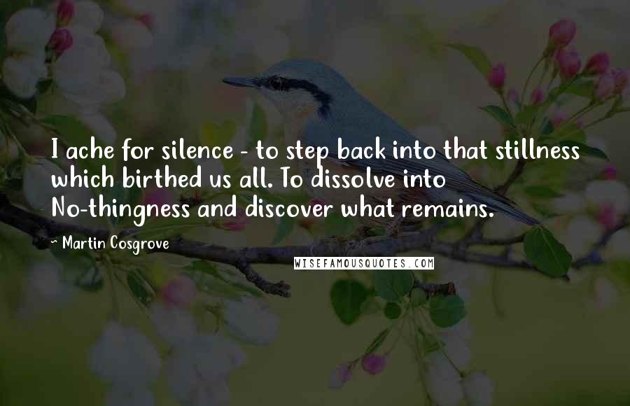 Martin Cosgrove Quotes: I ache for silence - to step back into that stillness which birthed us all. To dissolve into No-thingness and discover what remains.