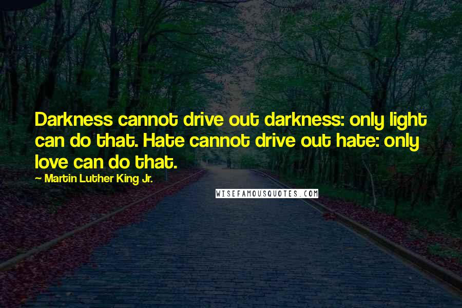 Martin Luther King Jr. Quotes: Darkness cannot drive out darkness: only light can do that. Hate cannot drive out hate: only love can do that.