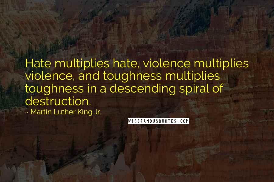 Martin Luther King Jr. Quotes: Hate multiplies hate, violence multiplies violence, and toughness multiplies toughness in a descending spiral of destruction.