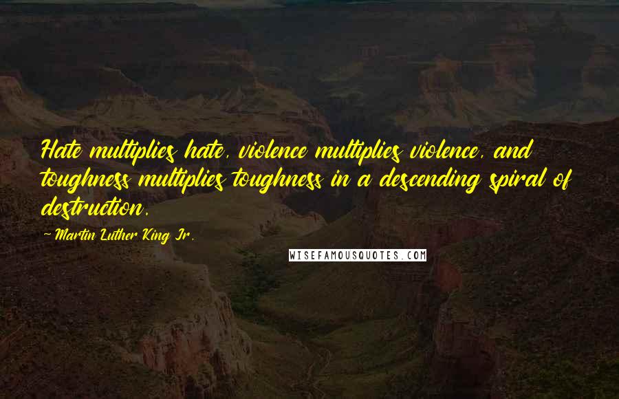 Martin Luther King Jr. Quotes: Hate multiplies hate, violence multiplies violence, and toughness multiplies toughness in a descending spiral of destruction.