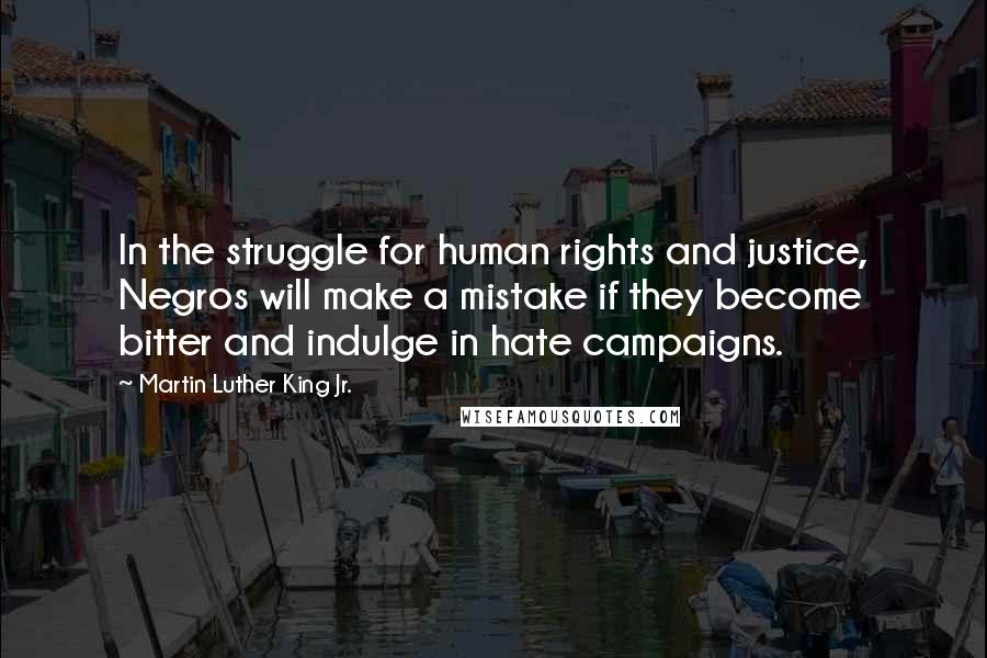 Martin Luther King Jr. Quotes: In the struggle for human rights and justice, Negros will make a mistake if they become bitter and indulge in hate campaigns.