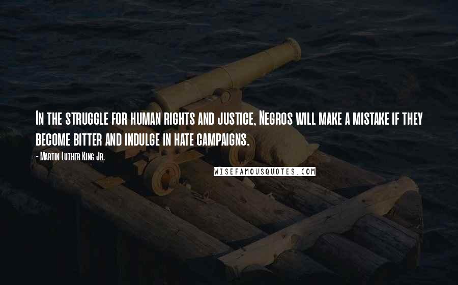 Martin Luther King Jr. Quotes: In the struggle for human rights and justice, Negros will make a mistake if they become bitter and indulge in hate campaigns.