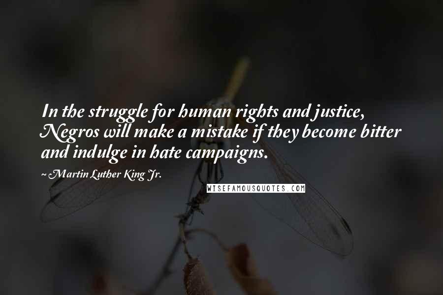 Martin Luther King Jr. Quotes: In the struggle for human rights and justice, Negros will make a mistake if they become bitter and indulge in hate campaigns.