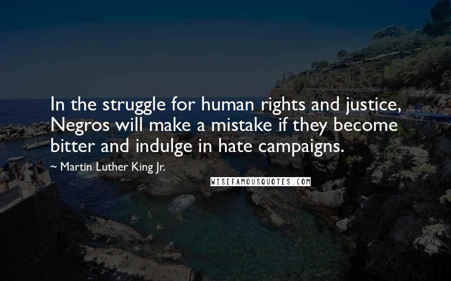 Martin Luther King Jr. Quotes: In the struggle for human rights and justice, Negros will make a mistake if they become bitter and indulge in hate campaigns.