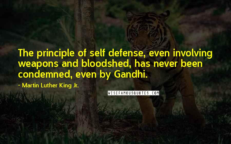 Martin Luther King Jr. Quotes: The principle of self defense, even involving weapons and bloodshed, has never been condemned, even by Gandhi.