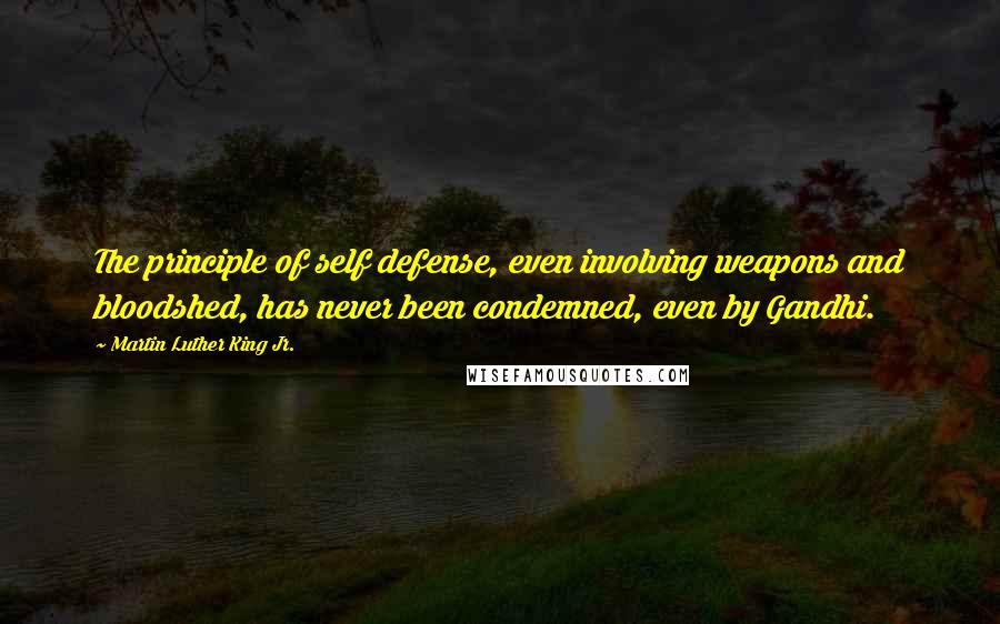 Martin Luther King Jr. Quotes: The principle of self defense, even involving weapons and bloodshed, has never been condemned, even by Gandhi.