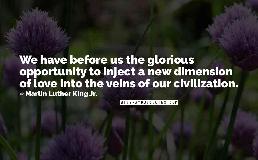 Martin Luther King Jr. Quotes: We have before us the glorious opportunity to inject a new dimension of love into the veins of our civilization.