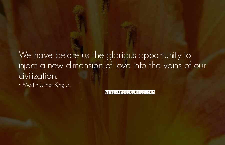Martin Luther King Jr. Quotes: We have before us the glorious opportunity to inject a new dimension of love into the veins of our civilization.